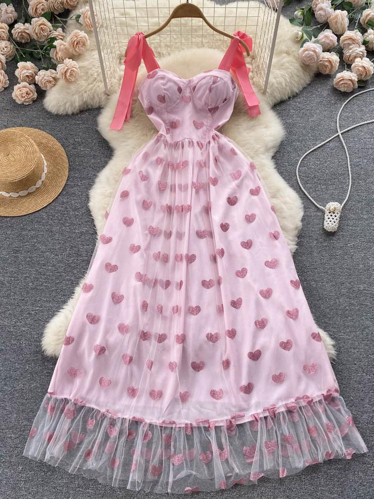 

Casual Dresses Ins Summer Pink Sequins Mesh Embroidery Dress Women Party Bow Heart Spaghetti Strap High Waist Boho Long Vestidos Sexy