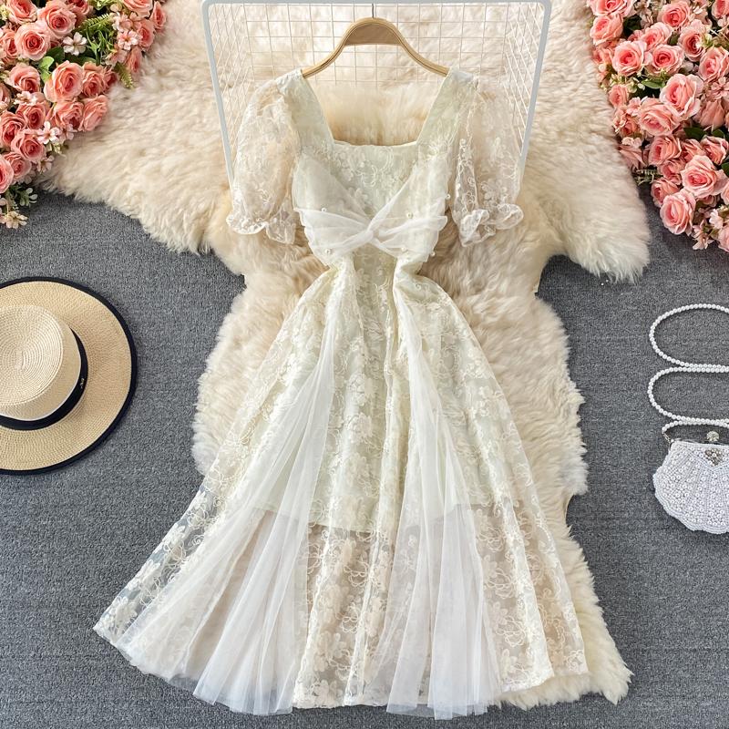 

Casual Dresses 2023 French Square Neck Lace Dress Elegant Women Summer Short Sleeve Mesh Pearl A-line Slim Party Night Mid-Calf Ladies, Beige