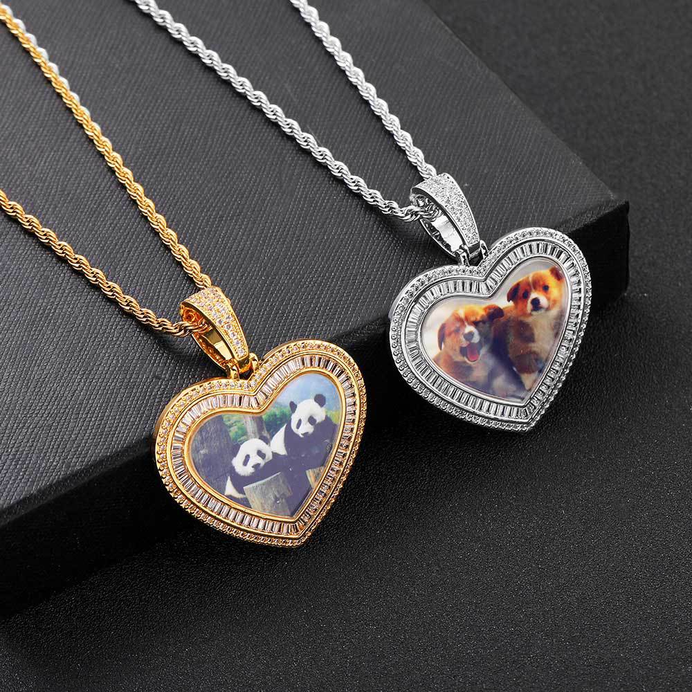 

Hip Hop Lover Heart Custom Photo Pendant Necklaces Bling Memorial Frame Medal