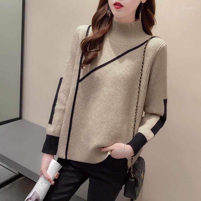 

Women's Sweaters Half High Collar Sweater Women 2023 Autumn Winter Quality Long Sleeve Jumper Knitwear Casual Loose Pullover Tops, Khaki