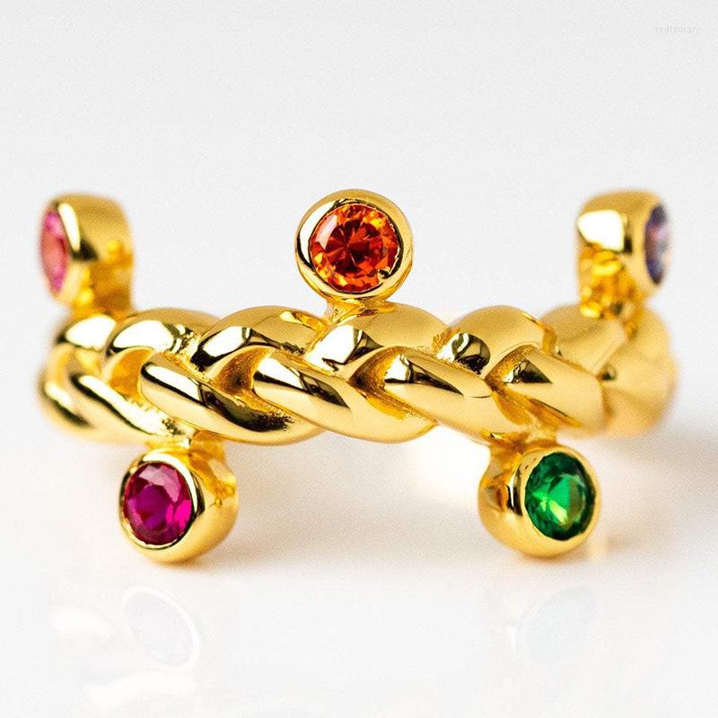 

Wedding Rings Female Vintage Rainbow Crystal One Ring Charm Yellow Gold Color For Women Bride Stone Engagement