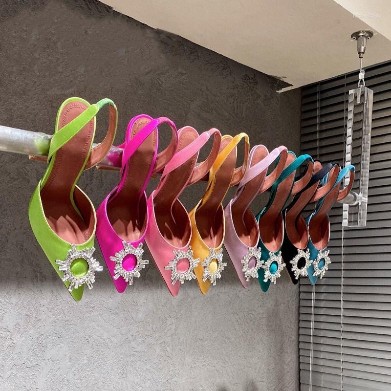 

Sandals Silksatin Pointed Summer Banquet Party High Heels Sunflower Diamond Button Crystal Wine Glass Women, Pink(7cm)