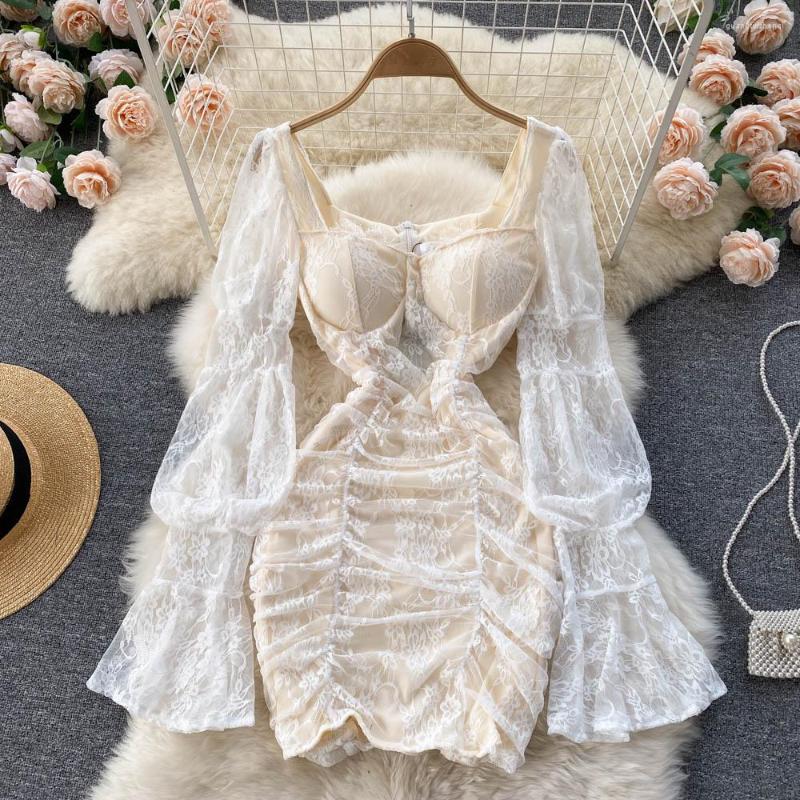 

Casual Dresses ZCWXM 2023 Spring Summer Party Dress Women French Lace Bodycon Elegant Lantern Sleeve Gothic White Black Mini Vestido