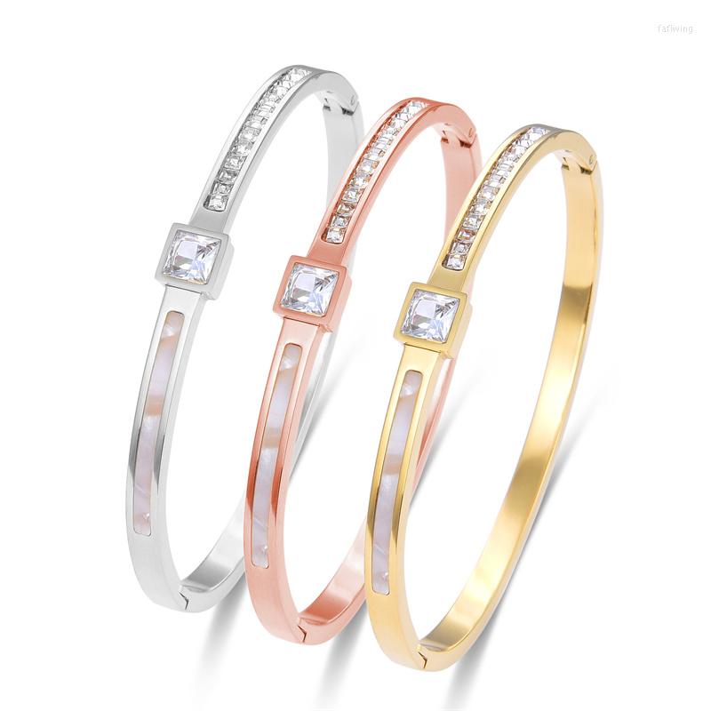 

Bangle FYSARA Delicate Square Cubic Zirconia White Shell Charm Bangles Bracelets For Women Stainless Steel Gold Color Jewelry