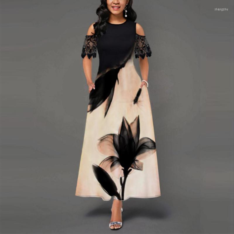 

Casual Dresses MISSJOY Women Retro Elegant Robe Round Neck Lace Stitching Short-sleeved Printed Dress Sexy Ruffled Strapless Evening, Black