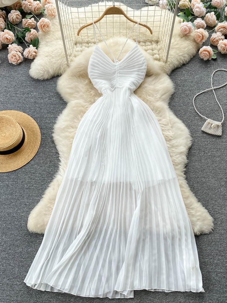 

Casual Dresses Beach Style Sexy Strapless Long White Dress Women Summer Spaghetti Strap High Waist Slim Bohemian Pressed Pleat Chiffon