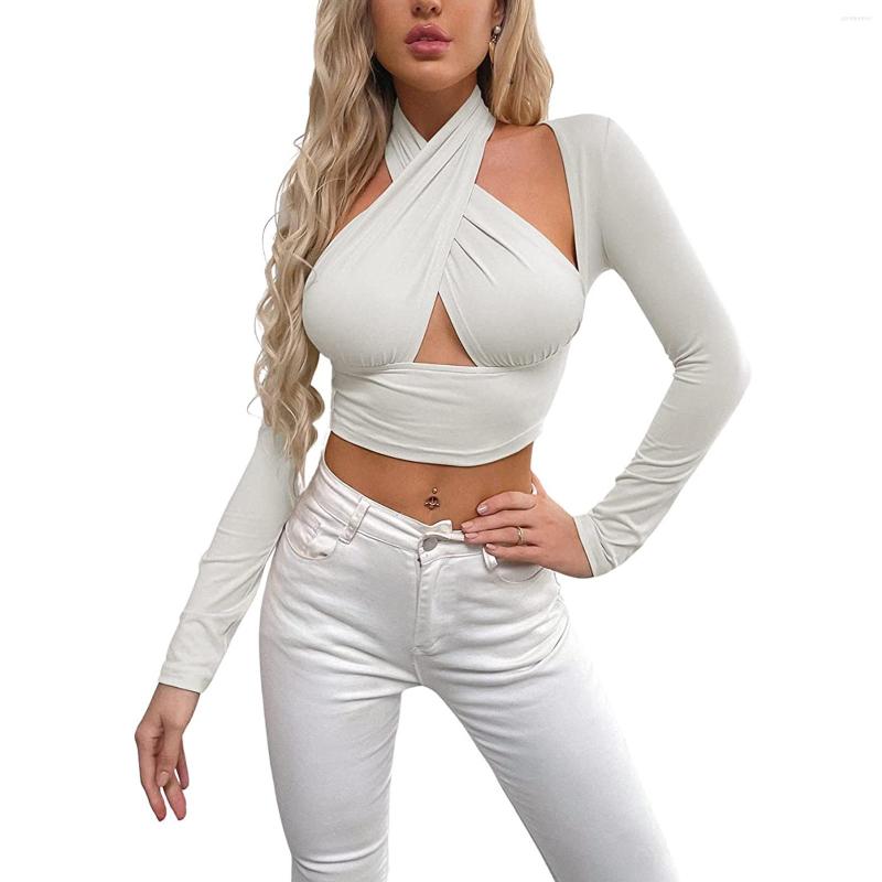 

Women' T Shirts Ladies Hollow Midriff-baring Tops Women Leisure Style Solid Color Cross Hanging Neck Long Sleeve Camisole Slim T-sjhirts, Burgundy