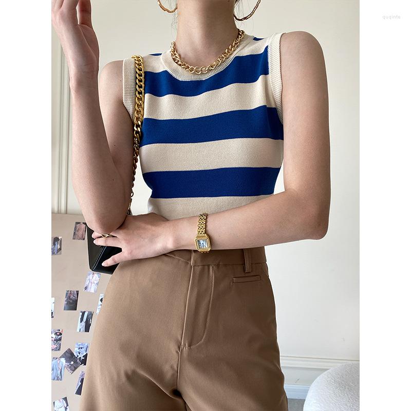 

Women's Tanks Chic Stripe Tank Top For Women Summer O Neck Sleeveless Crop Lady Streetwear Short, Sky blue