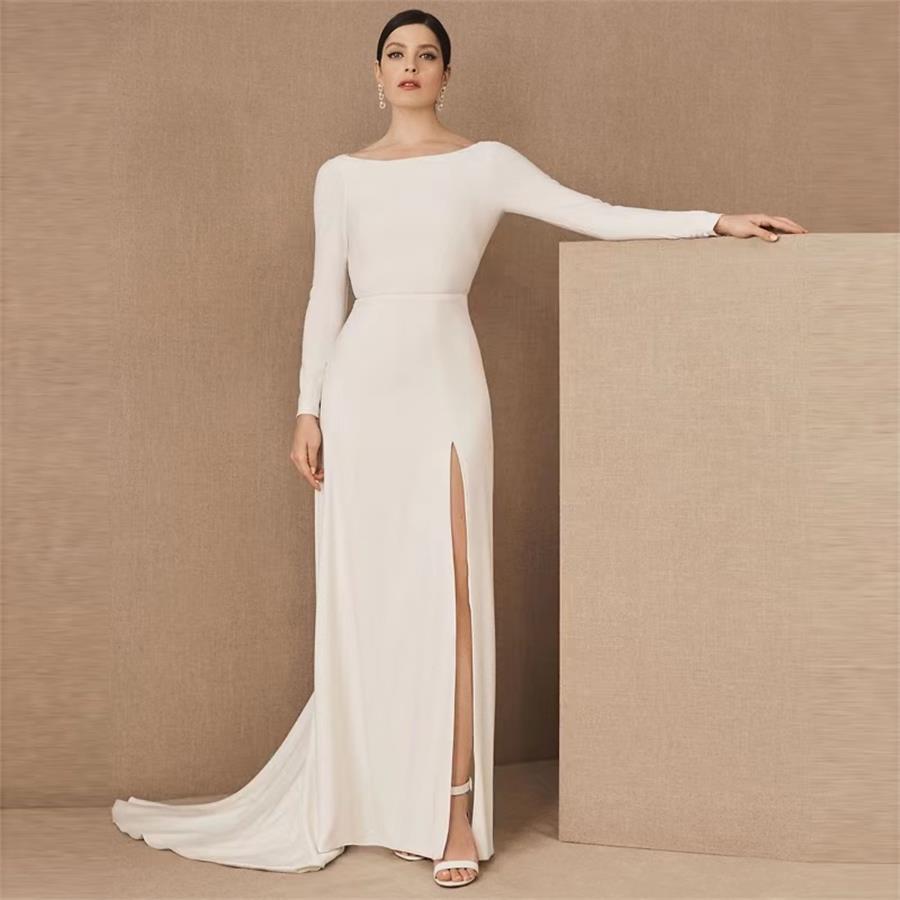 

Long-sleeve satin wedding dress one-line neck slim back split engagement high-grade French dress GT2223, White