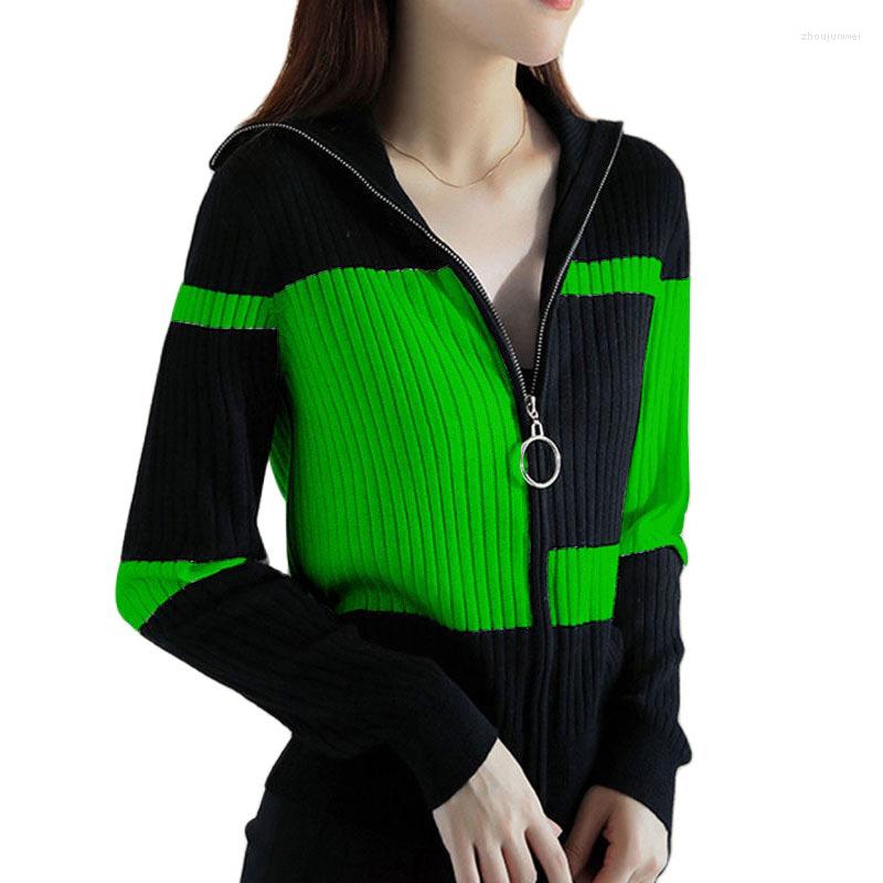 

Women' Knits 2023 Autumn Color Contrast Slim Knitted Jacket Female All-Match Zipper Cardigan Sweater Coat Women Casual Simplicity Tops, Green
