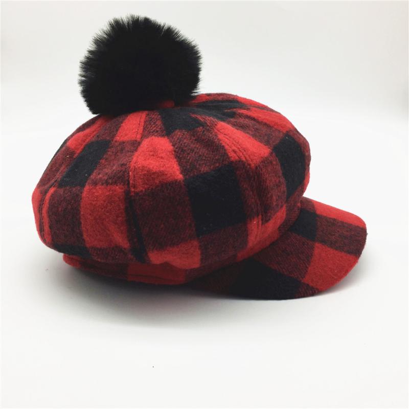

Berets Women Octagonal Hat Sboy Cap Plaid Baseball Removable Faux Fur Pom Winter Girls Red Black Checked Baker Boy HatBerets, Red and black tone
