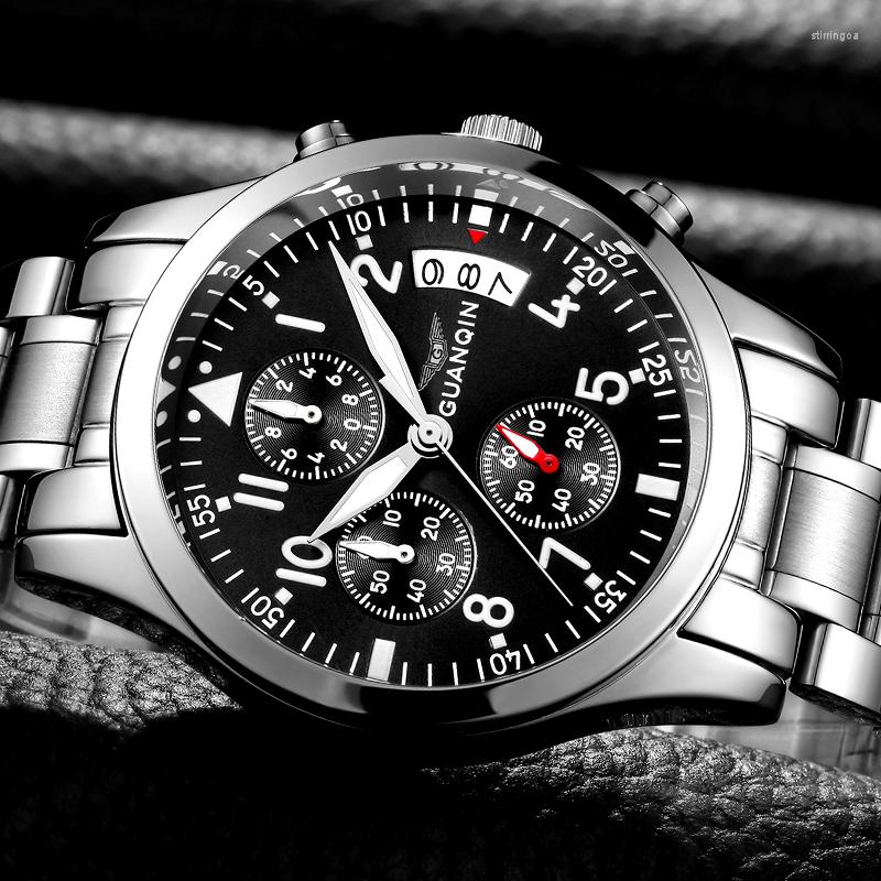 

Wristwatches GUANQIN Mens Watches Top Men Business Chronograph Quartz Watch Full Steel Waterproof Wristwatch Relogio Masculino, Silver blue