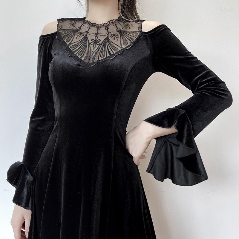 

Casual Dresses Dark Wind Autumn Winter Lace Collar Dress Sexy Waist Lotus Sleeve Skirt Women Gothic, Black
