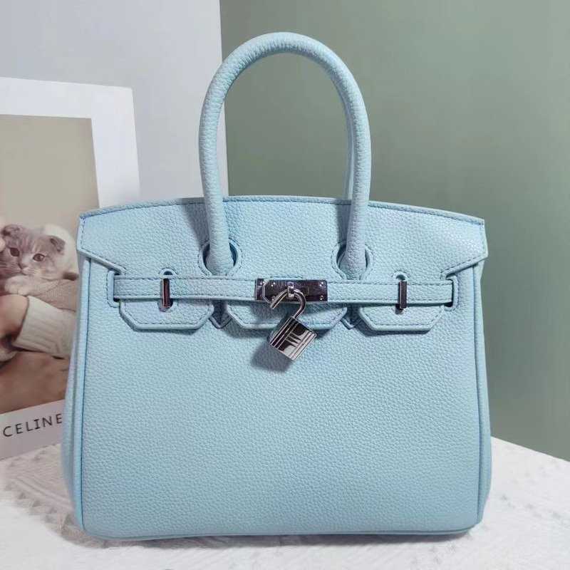 

Lady's Handbag Birkin Silver buckle 2023 new silver buckle bag with cow skin and litchi pattern portable bag for women's large-capacity leisure bag, Sea anemone purple 20 silver