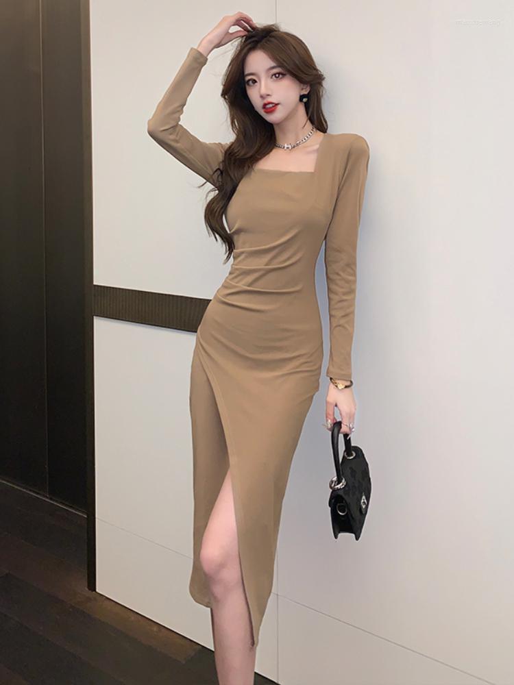 

Casual Dresses FMFSSOM Spring Autumn Solid Slim Full Lady Dress A Line Square Collar Chiffon Pullover Mid-calf Women, Black