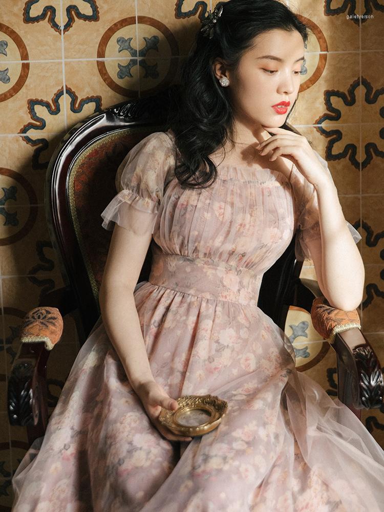 

Party Dresses Romantic French Woman Summer Dress Puff Sleeve SquareCollar Lace Fairy Princess Mori Girl Vestiti Donna Estivi, Pink