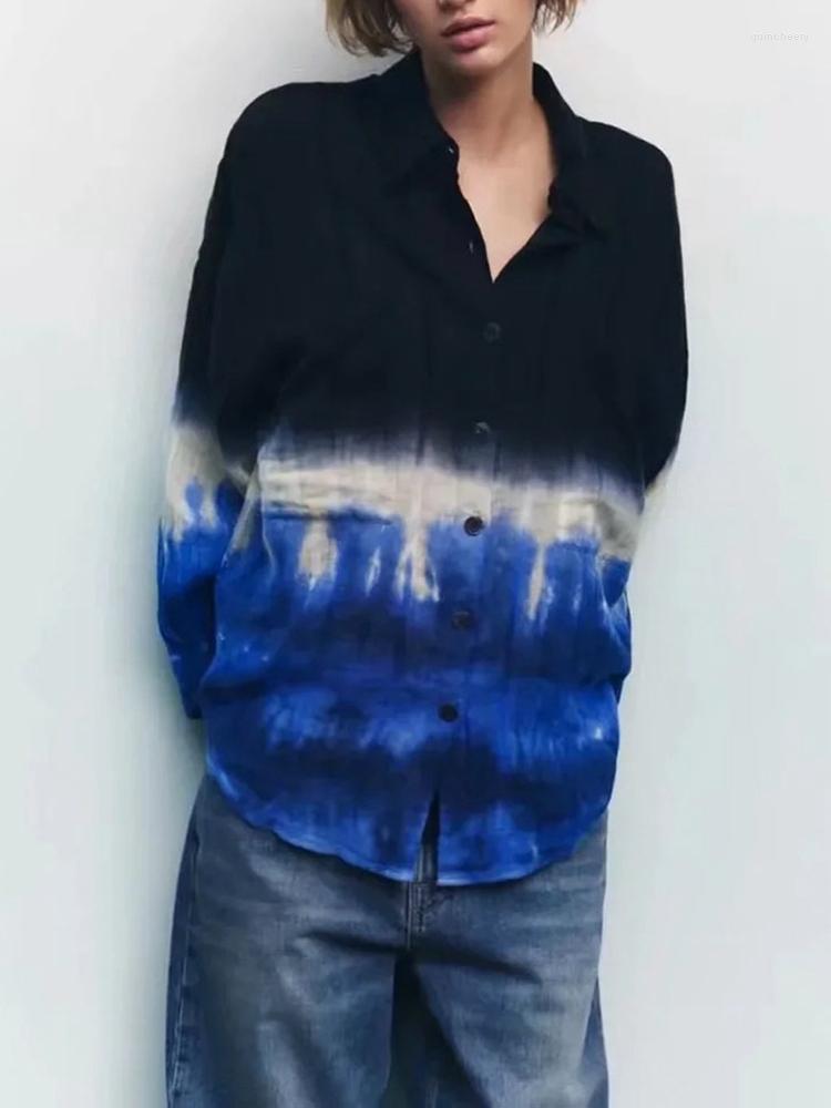 

Women's Blouses 2023 Spring And Summer Shirt Women Tie-dye Draped Lapel Long-sleeved Casual, Gradient color