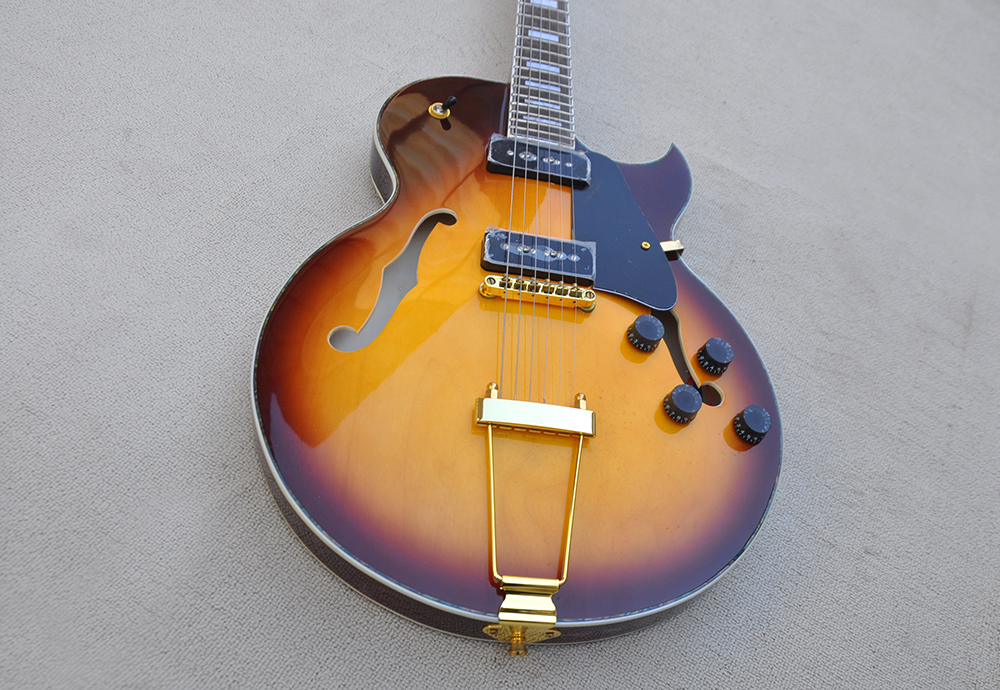 

Factory electric guitar with Semi-hollow Body Gold Hardware Rosewood Fretboard Black Pickguard can be customized