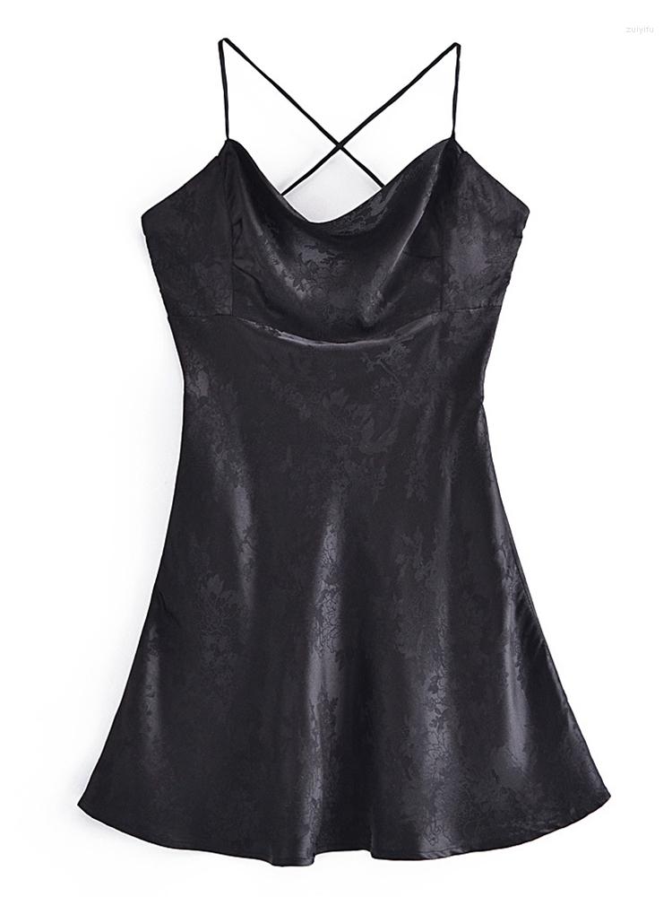 

Casual Dresses YENKYE Summer Women Fashion String Backless Sexy Party Dress Vintage Black Satin Spaghetti Strap Ladies Mini Robe Short