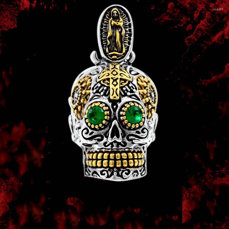 

Pendant Necklaces Vintage Silver Color Stereo Skull Green Eye Crystal Necklace Punk Virgin Mary For Women Men Christian Jewelry