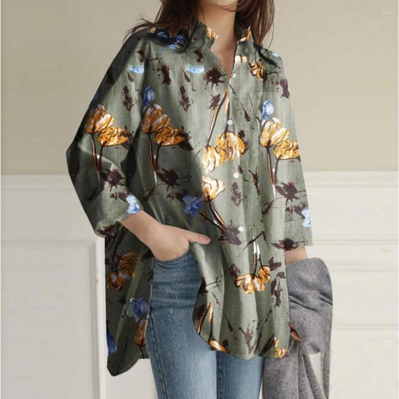 

Women's Polos Shirts For Women 2023 Turn-down Collar Long Sleeve Casual Split Hem Floral Blouse Top Autumn Plus Size 4XL Blusa, Army green