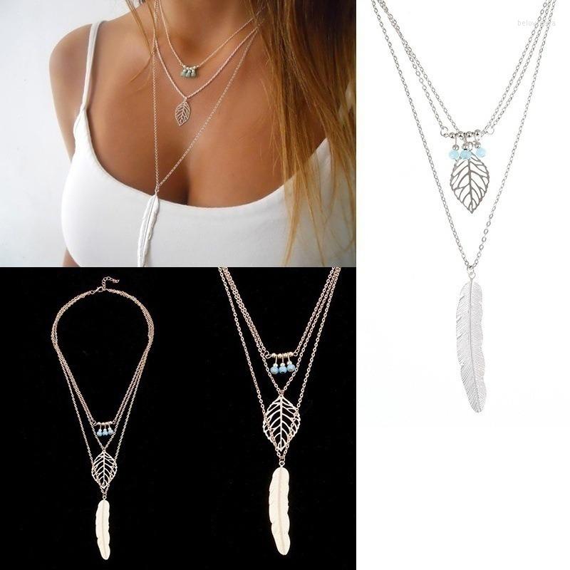 

Chains Vintage MultiLayered Feather Leaf Sequined Pendant Necklace For Women Tassel Beads Choker Fashion Jewelry