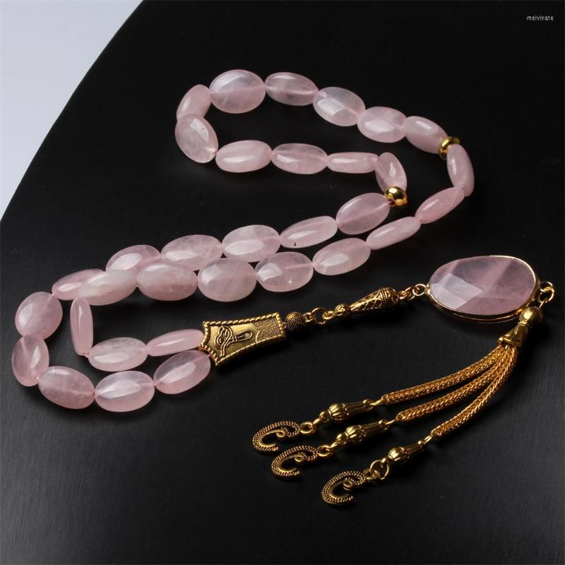 

Strand Pink Islamic Prayer Beads Natural Rose Quartz Tasbih Misbaha Women Gemstone Rosary Bead Oval Size Muslim Masbaha Eid Gift Tesbih