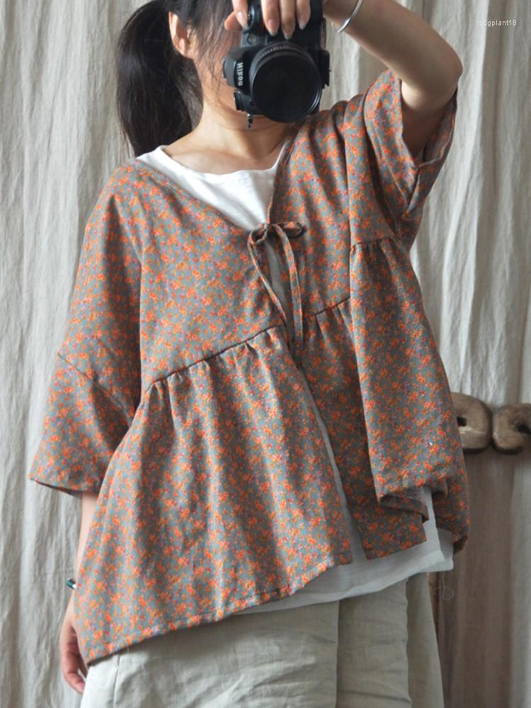

Women's Blouses Johnature Women Chinese Style Shirts And Tops Belt Short Sleeve Summer Print Floral Cotton Linen Clothes 2023, Gray