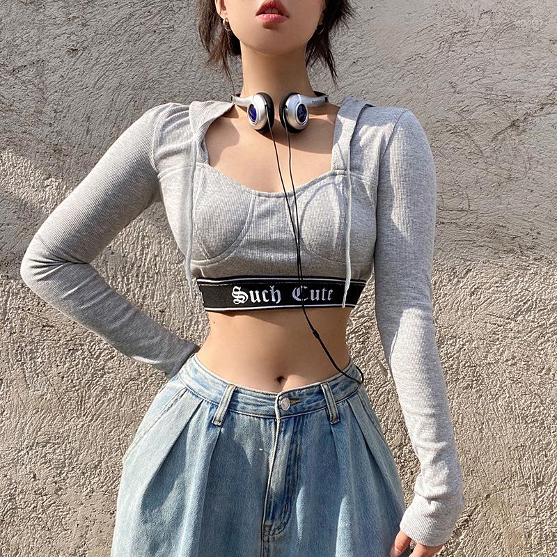 

Women' T Shirts Women Letters Printed Crop Tops Autumn Harajuku Vintage Black Hooded Y2K Clothes Short T-shirts Tees Jumper Mujer