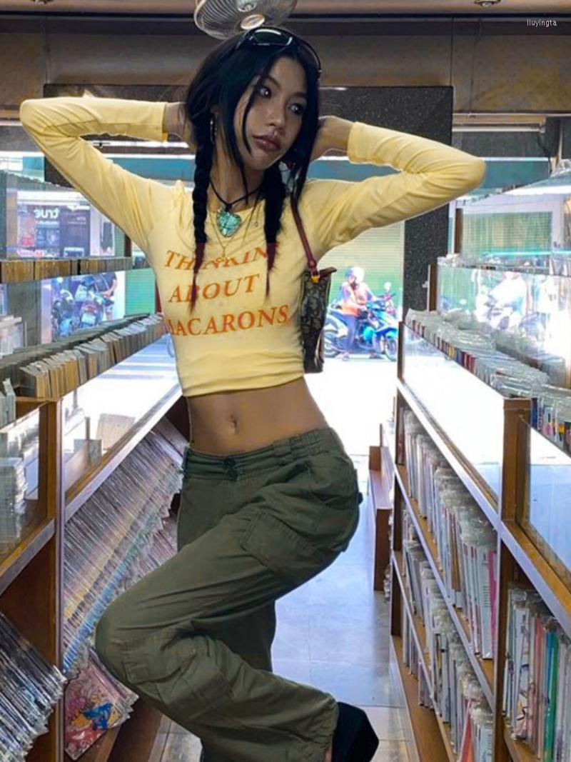 

Women' T Shirts Vintage Fashion Letter Printred Graphic Tshirt O-neck Long Sleeve Sexy Cropped Top Y2k Punk Streetwear Casual Harajuku Tee, Yellow