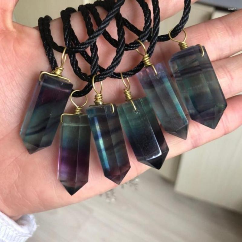 

Pendant Necklaces Wholesale 10 Pcs Light Yellow Gold Color Wire Wrap Hexagon Prism Rope Chain Necklace Fluorite Stone Jewelry