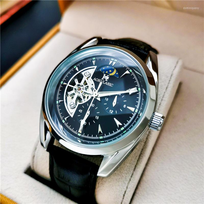 

Wristwatches Orologio Automatico AOKULASIC Men Mechanical Watches Automatic Waterproof Leather Skeleton Watch Mens Reloges Hombre Mecanico, Brown silver white