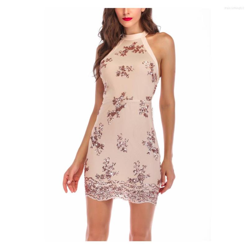 

Casual Dresses Women Fashion Sexy Evening Party Dress Sleeveless Halter Lace Package Hip Bodycon Short Formal Wrap Mini, Beige