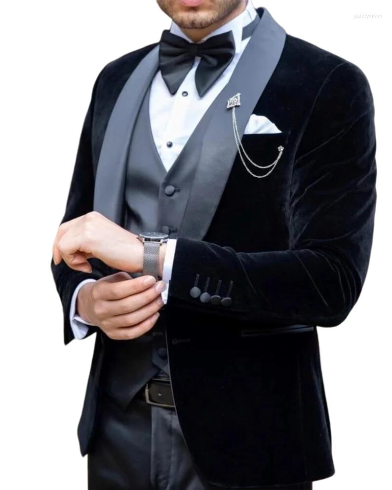 

Men's Suits Classic Grooms Men Tuxedos Black Velvet Shawl Lapel Slim Blazer Custom Made One Button Wedding Party Prom Coat Vest Pants, Blue