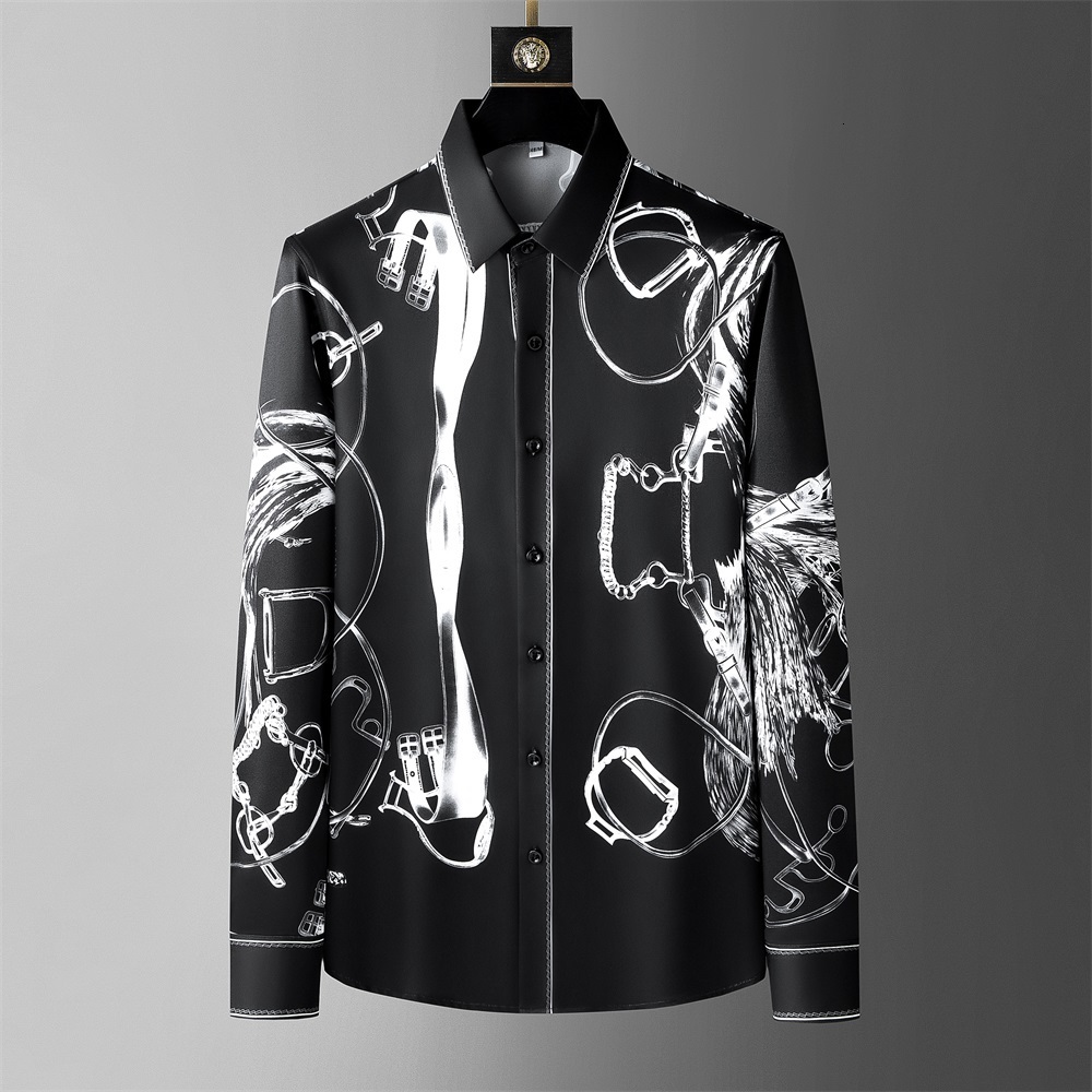 

Men's Casual Shirts Luxury Retro Print for Men High-quality Long Sleeve Business Social Party banquet Tuxedo camisa masculina 230313, White