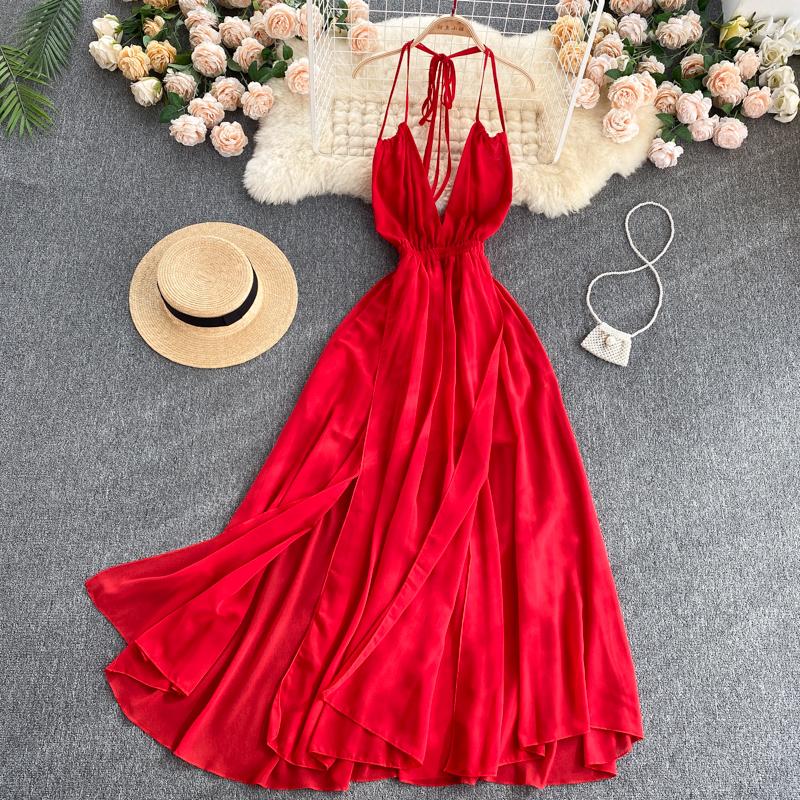 

Casual Dresses ZCWXM Summer Women Sexy Off Shoulder Halter Dress Korean V Neck Party Backless Long Split Beach Red/Blue Robe