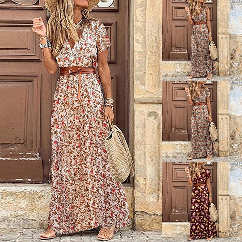 

Casual Dresses Summer Boho Long Dress Vintage Paisley Print V Neck Short Sleeve Beach Maxi Dress Ladies Elegant Party Robe Belted Split Dress 230313, Red