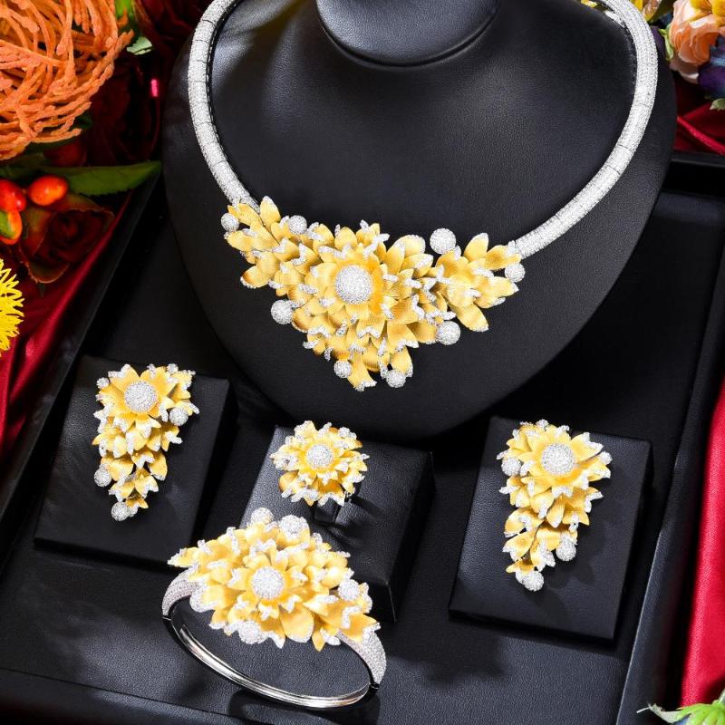 

Necklace Earrings Set Missvikki Bridal Bangle Ring 4PCS Jewelry Luxury Gougeous Splicing For Women Wedding Engagement Party, Picture shown