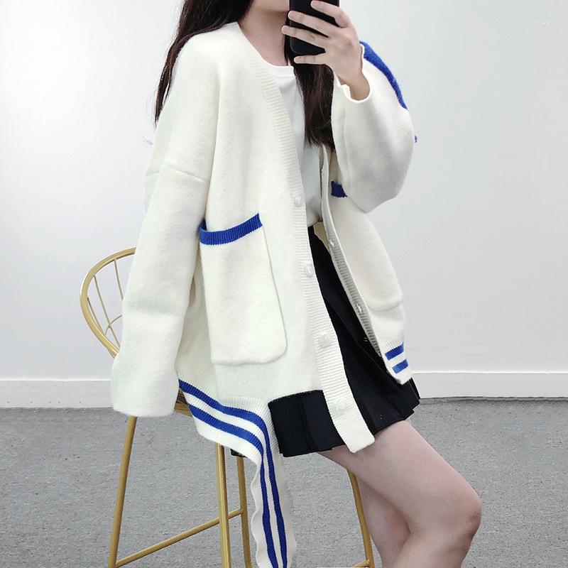

Women' Knits White Long Cardigan Women Oversized Thick 2023 Autumn Winter Sweater V Neck Patchwork Loose Knit Coat