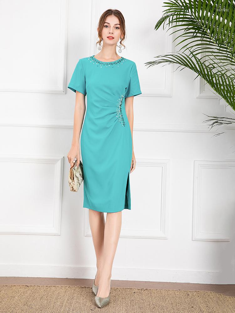 

Party Dresses Svoryxiu Fashion Designer Summer Elegant Midi Pencil Dress Women O-Neck Short Sleeve Diamonds Solid High Waist Casual, Pink