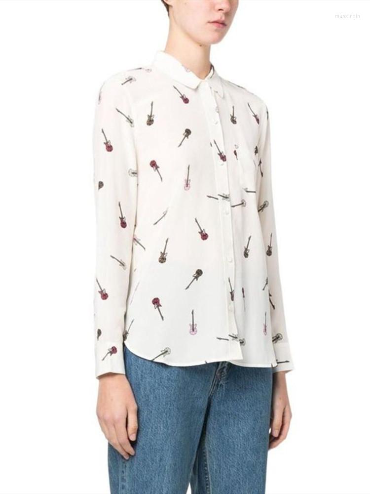 

Women' Blouses Women Blouse Guitar Printed Turn Down Collar Single Breasted Long Sleeve Temperament Spring Autumn Silk Shirt, Black
