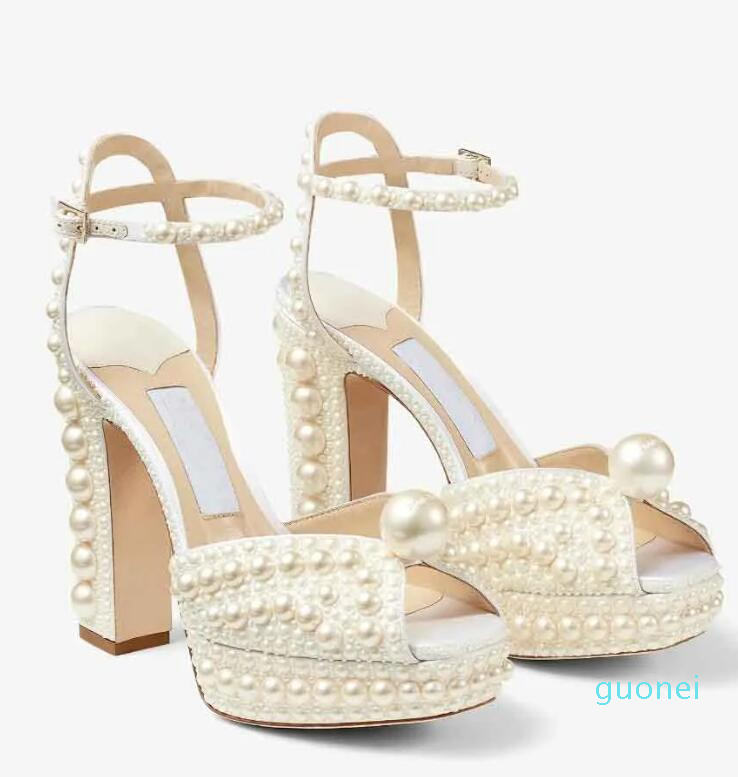 

Bridal Wedding Dress Shoes Sacora Lady Sandals Pearls Leather Luxury Brands High Heels Women Walking EU35-43