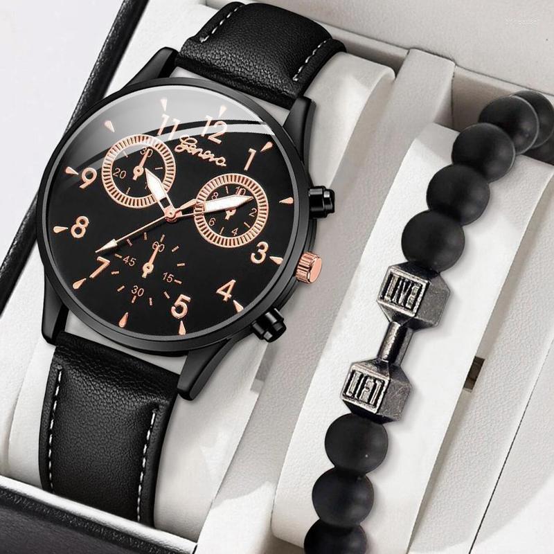

Wristwatches Luxury Business 2pcs Watches Set Men Casual Fashion Clock Male Leather Strap Quartz Wrist Watch Man Black 2023 Relogio Reloj, Brown yellow set1