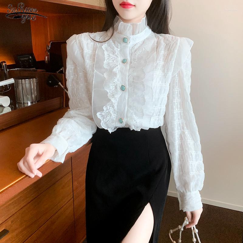 

Women' Blouses Elegant Sweet Chic Long Puff Sleeve Women Blouse Stand Collar Clothes Korean Ruffle Lace Chiffon Shirt Apricot Tops Blusas, White
