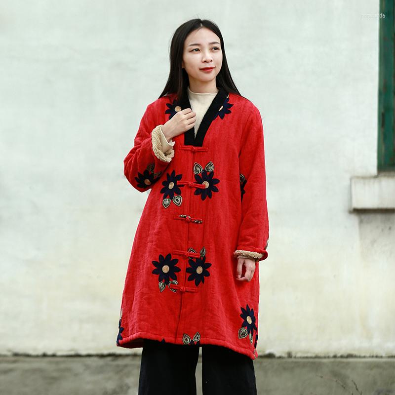 

Women's Jackets 2023 Faux Fur Outwear Women Winter Coat Big Flower Embroidery Chinese Long Jacket V Neck Mori Girl Warm Vintage Fleece CoatW, Blue