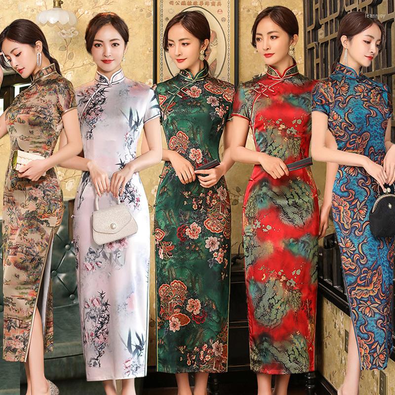 

Ethnic Clothing Chinese Sytle Fashion Cheongsam Womens 2023 Summer Silk Satin Plus Size To 4Xl Short Sleeve High Slit Stand Collar Chiffon