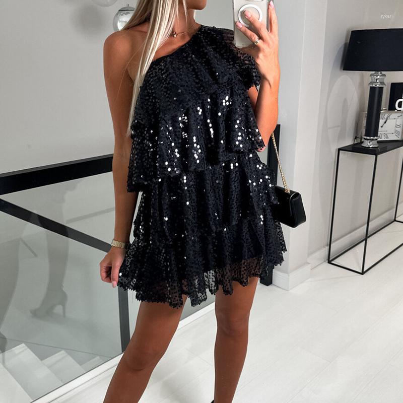 

Casual Dresses Fashion Shiny Sequins Cake Dress Women Sexy Off Shoulder Sleeveless Party Diagonal Collar Layered Ruffle Mini, 01 pink