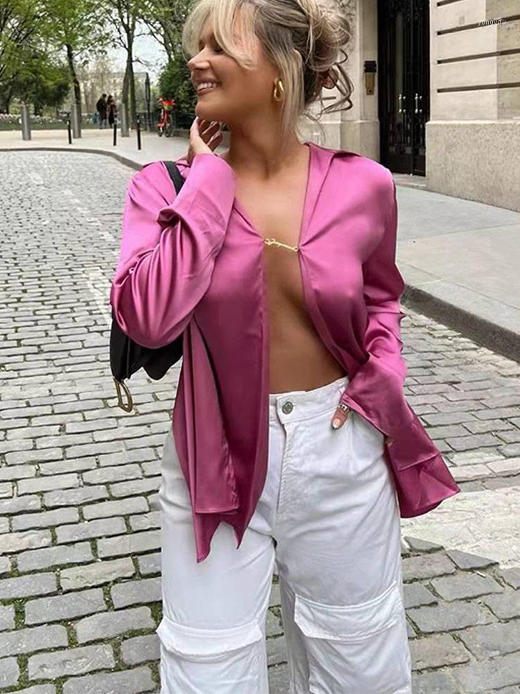 

Women' Blouses Solid Satin Women Sexy Split Blouse Elegant Long Sleeve V-Neck Office Lady Loose 2023 Chic Metal Decoration Female Tops, Green