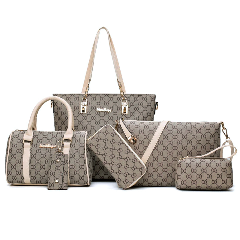 

Evening Bags 6PC Tote Set Fashion PU Leather Ladies Handbag 8 words Print Messenger Shoulder Bag Wallet Famous brand Designer 230313