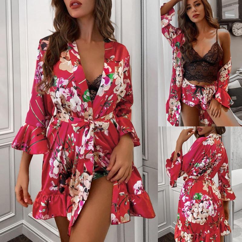 

Women' Sleepwear Woman Set Sleep Tops Pajamas Women Nightdress Lingerie Robes Underwear Sexy Pyjama Pour Femme Printed, Wine